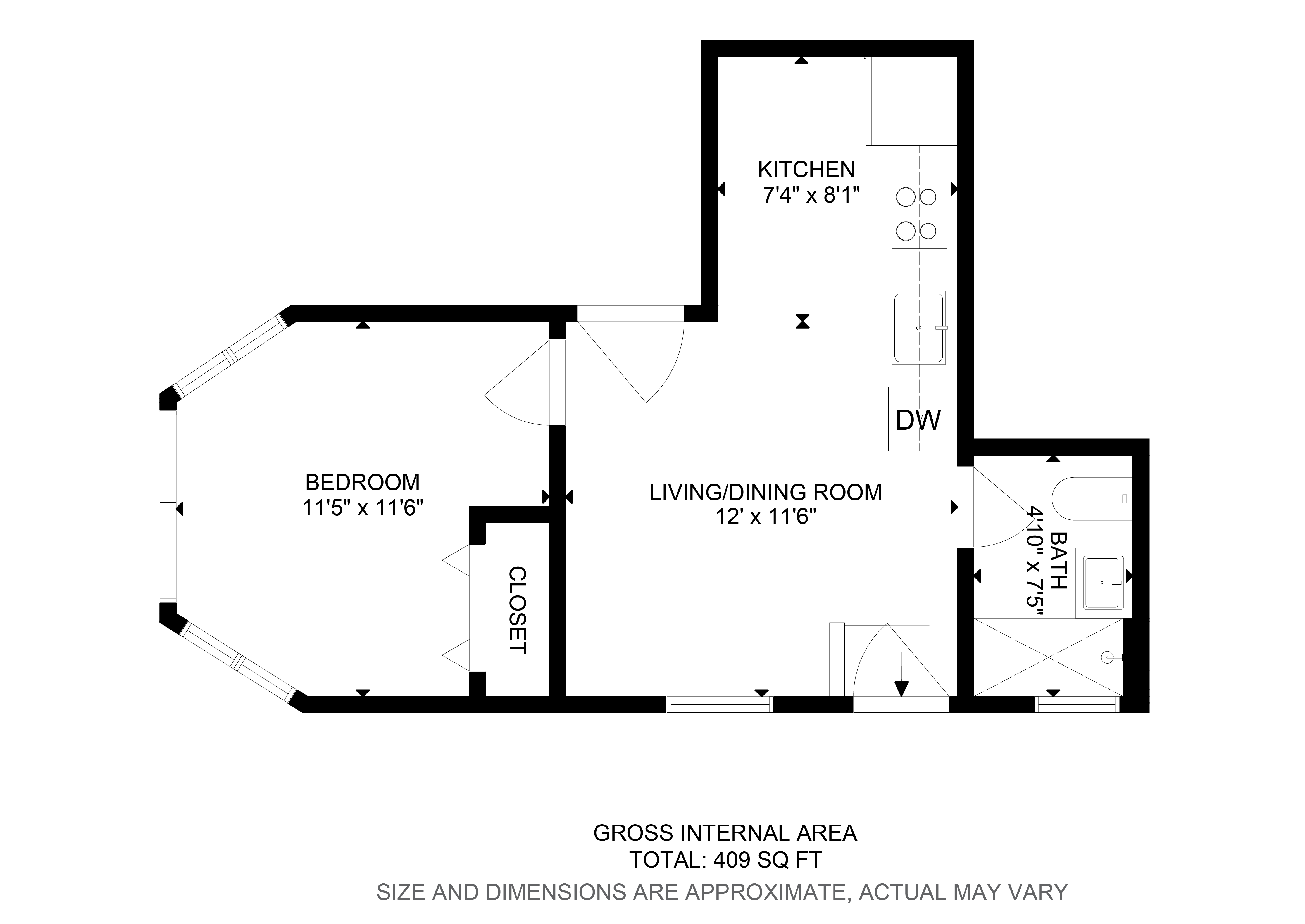 Floor plan for 1 bed, 1 bath, 409 sqft